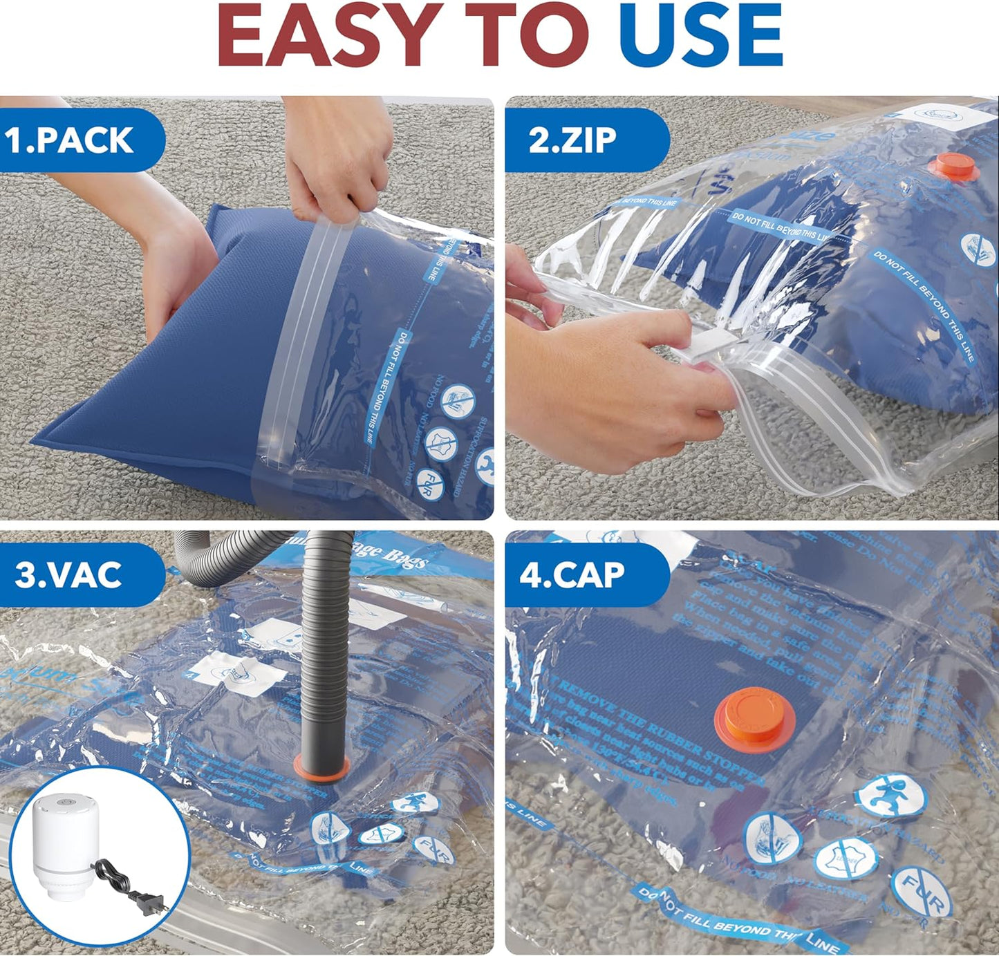 8 Pack Vacuum Storage Bags with Electric Air Pump，2 jumbo,2 large,2 midium,2 small bags