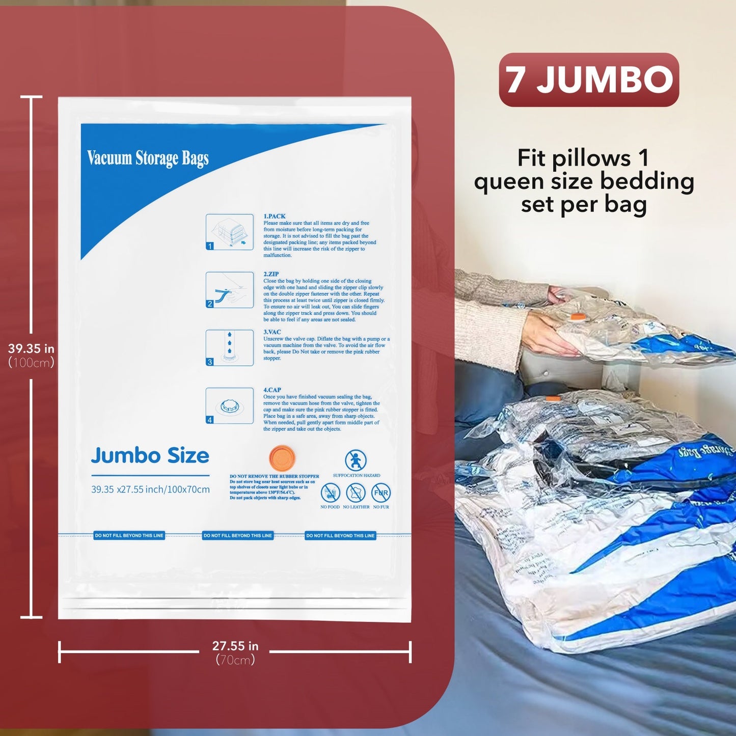 Vacuum Storage Bags 7 Jumbo, Space Saver Sealer Bags, Airtight Compression Bags for Clothes, Pillows, Comforters, Blankets, Bedding