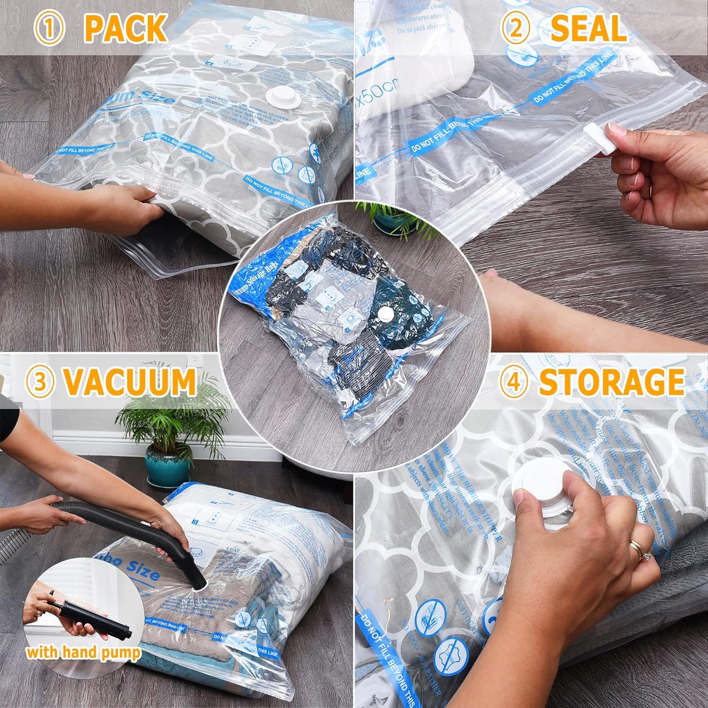 Vacuum Storage Bags 8 Combo (3 Jumbo/3Large/2 Medium), Space Saver Sealer Bags, Airtight Compression Bags for Clothes, Pillows, Comforters, Blankets, Bedding